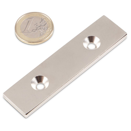 Blockmagnet 80.0 x 20.0 x 4.0 mm N35 nickel with 2 countersunk holes