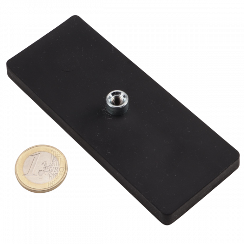 Magnet system 110 x 45 mm rubberized with M6 threaded bushing holds 53 kg